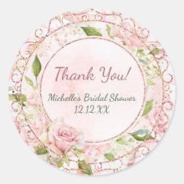 Pegatina Redonda Purpurina acuático rosa rosa de oro gracias