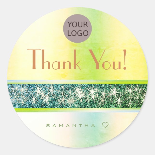 Pegatina Redonda Purpurina Amarillo Verde de moda Gracias Textos (Anverso)