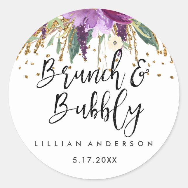 Pegatina Redonda Purpurina Amethyst Brunch y Bubbly Bridal Shower (Anverso)