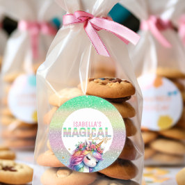 Pegatina Redonda Purpurina arco iris unicornio mágico