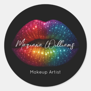 Pegatina Redonda purpurina arcoiris labios maquillador negocios neg