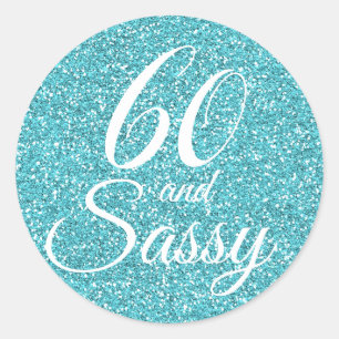 Pegatina Redonda Purpurina Azul 60 y cumpleaños 60 Sassy