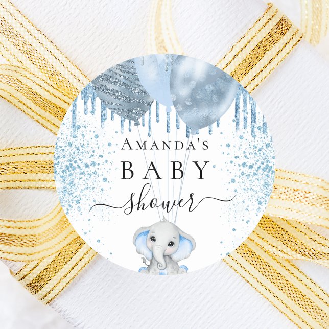 Pegatina Redonda purpurina azul claro Baby Shower lindo elefante ch (Subido por el creador)