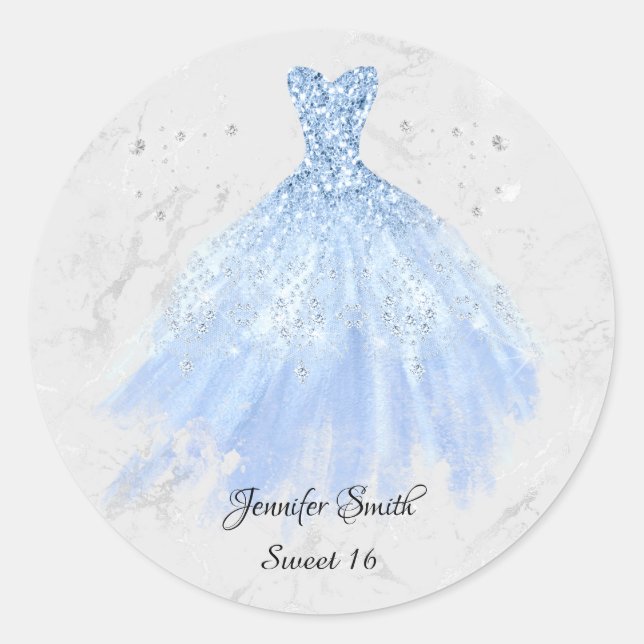 Pegatina Redonda Purpurina azul pálido vestido dulce dieciséis (Anverso)