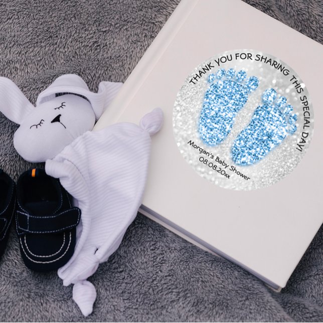 Pegatina Redonda Purpurina Azul pies Baby Shower Favor Gracias Chic (Blue Glitter Feet Baby Shower Favor Thank Girl Boy Classic Round Sticker)
