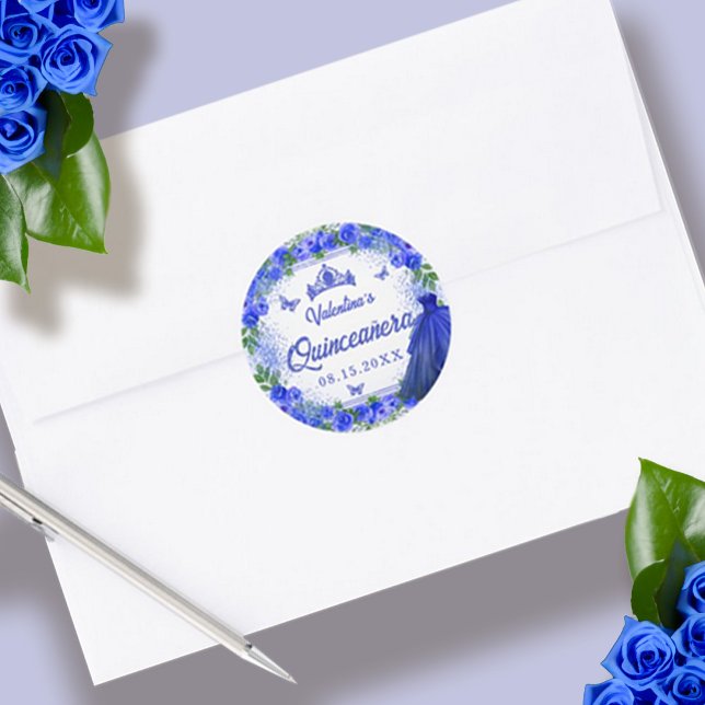 Pegatina Redonda Purpurina azul real Floral Sparkle Quinceanera (Blue Glitter Floral Sparkle Quinceanera Classic Round Sticker)