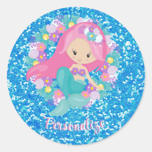 Pegatina Redonda Purpurina azul rosa de la sirena suave