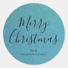 Pegatina Redonda Purpurina azul Script Feliz Navidad