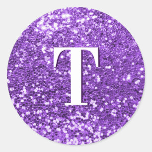Pegatina Redonda Purpurina Brillante Morado Chunky Monogramado