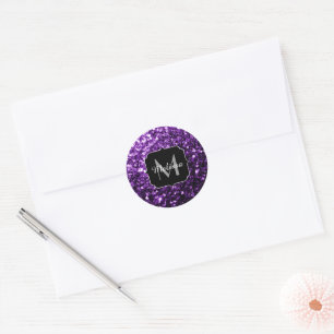 Pegatina Redonda Purpurina brillante oscuro morado chispas Monogram