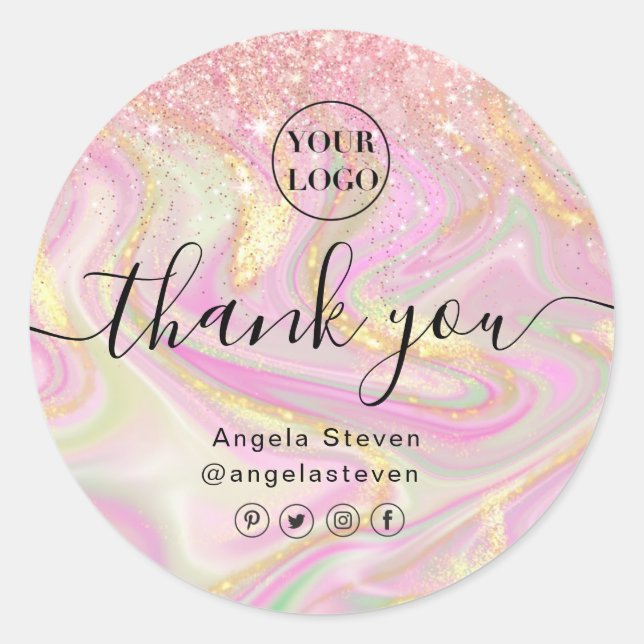 Pegatina Redonda purpurina clásico de moda de mármol rosa elegante (Anverso)