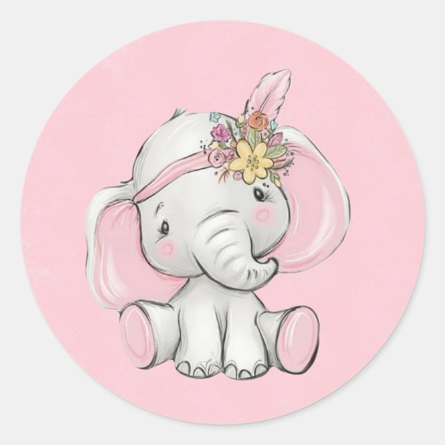 Pegatina Redonda Purpurina Cute Gold Elephant Chica Baby Shower (Anverso)
