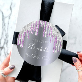 Pegatina Redonda Purpurina de cumpleaños brillo morado plateado Gra