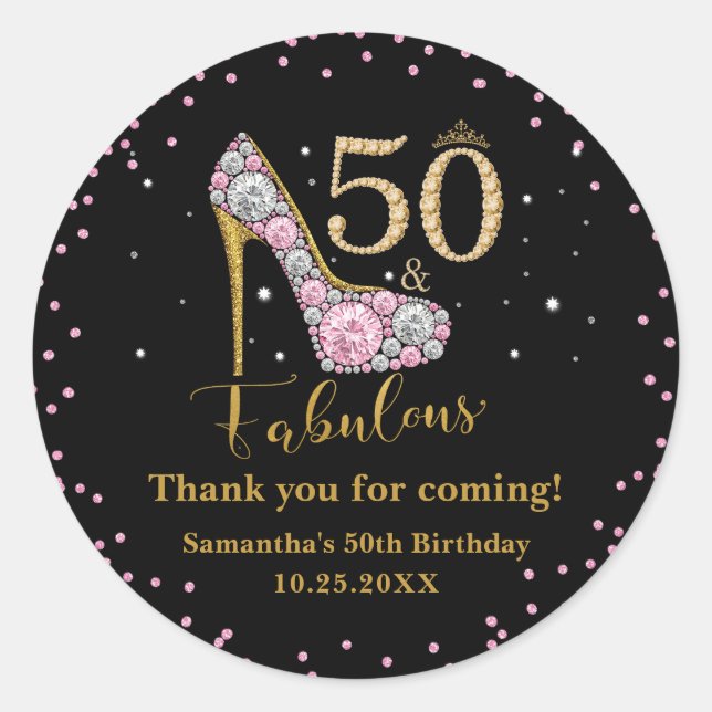 Pegatina Redonda Purpurina de diamantes 50 y fabuloso cumpleaños 50 (Anverso)