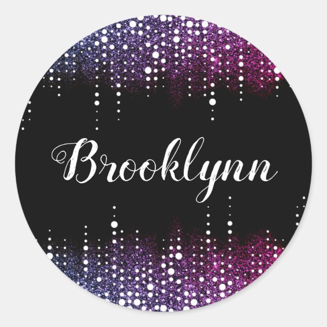 Pegatina Redonda Purpurina de goteo Lluvia Secuencias púrpura Espar (Anverso)