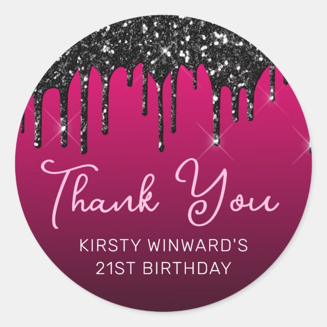 Pegatina Redonda Purpurina de goteo negro en cumpleaños rosado (Anverso)