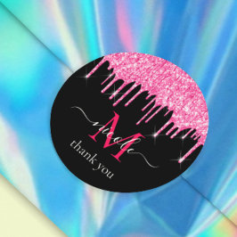 Pegatina Redonda Purpurina de goteo rosado caliente + Monograma neg