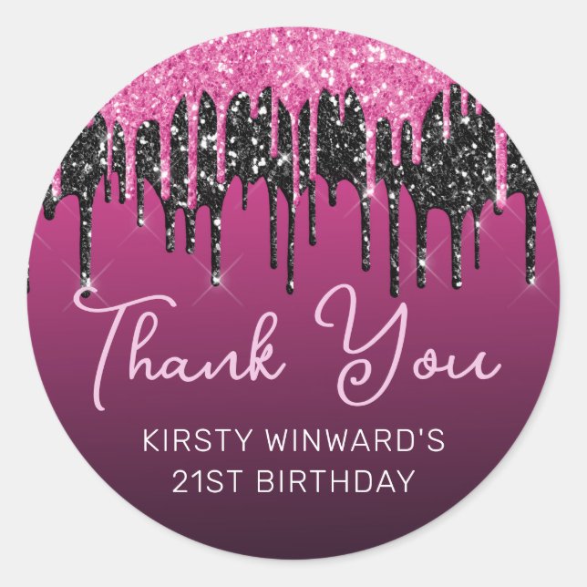 Pegatina Redonda Purpurina de goteo rosado y negro caliente Cumplea (Anverso)