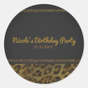 Pegatina Redonda Purpurina de Leopardo Brillo Glam Chic Moderno Fie