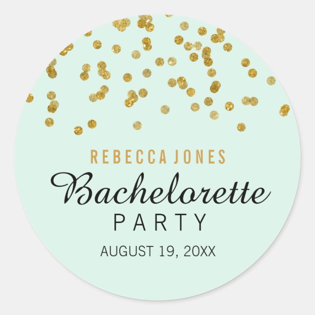 Pegatina Redonda Purpurina de Mint Gold confetti Bachelorette Pegat (Anverso)