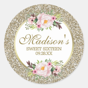Pegatina Redonda Purpurina de moda Gold Floral Sweet 16