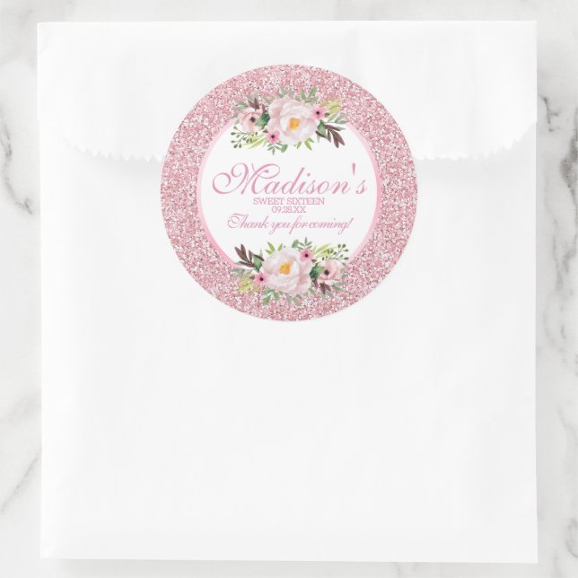 Pegatina Redonda Purpurina de moda Pink Floral Sweet 16 Gracias (Bolso)