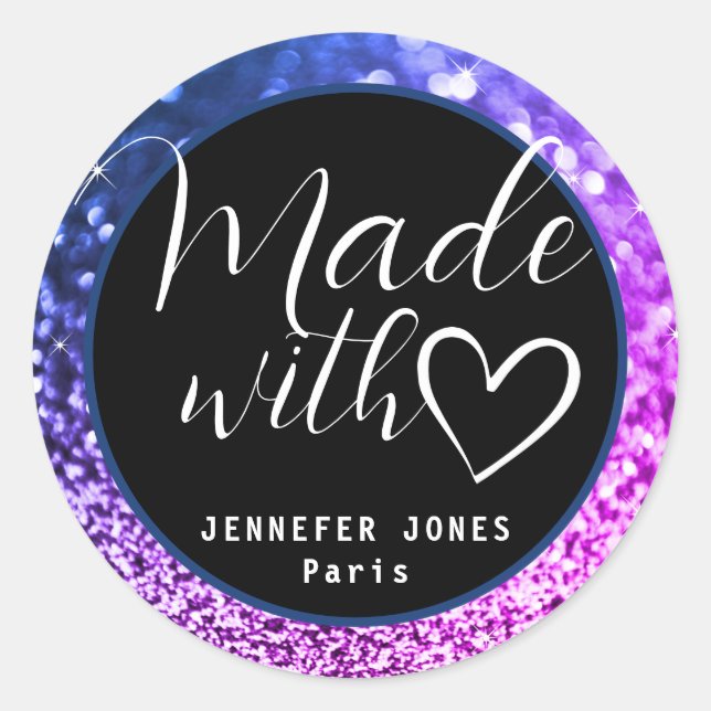 Pegatina Redonda Purpurina de Ombre Púrpura de Lujo Hecho con Amor (Anverso)