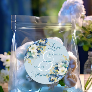 Pegatina Redonda Purpurina de oro azul turbio Boda floral