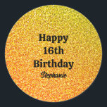 Pegatina Redonda Purpurina de oro Black Happy 16th Birthday Custom<br><div class="desc">Diseñado con un fondo brillante y colorido de color amarillo brillante con una plantilla de texto personalizado!</div>