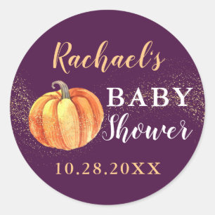 Pegatina Redonda Purpurina de oro Calabaza Morado Baby Shower