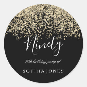 Pegatina Redonda Purpurina de oro Confetti Black 90 cumpleaños fies