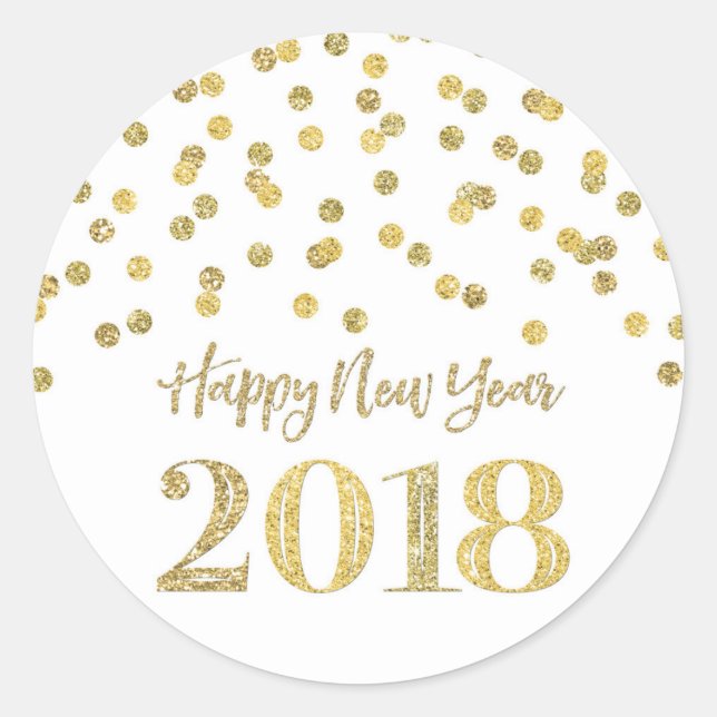 Pegatina Redonda Purpurina de oro Confetti Feliz Año Nuevo 2018 (Anverso)