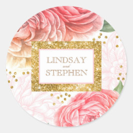 Pegatina Redonda Purpurina de oro Confetti y acuarela de flores ros