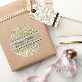 Pegatina Redonda Purpurina de oro de Champagne Swirl Romantic Boda 