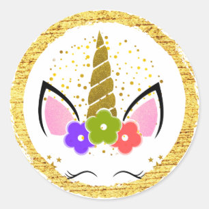 Pegatina Redonda Purpurina de oro de cumpleaños de Unicornio