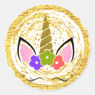 Pegatina Redonda Purpurina de oro de cumpleaños de Unicornio