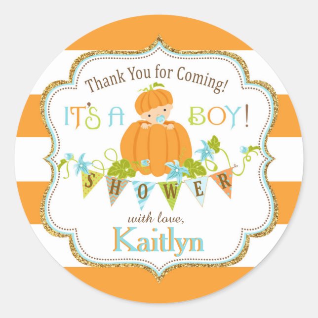 Pegatina Redonda Purpurina de oro del calabaza de otoño (Anverso)