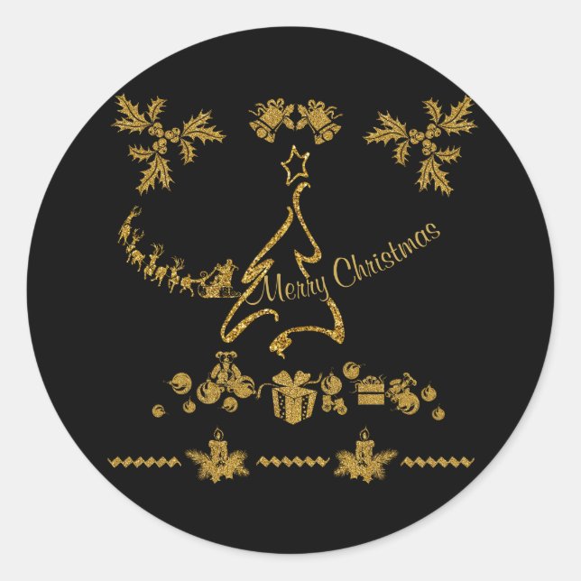 Pegatina Redonda Purpurina de oro Feliz Navidad, Santa Claus (Anverso)