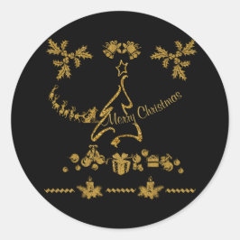 Pegatina Redonda Purpurina de oro Feliz Navidad, Santa Claus