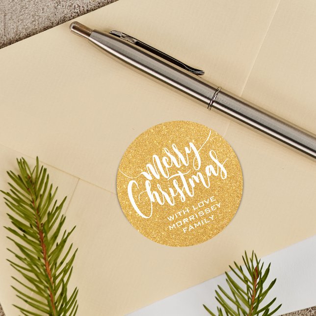 Pegatina Redonda Purpurina de oro Imprimir Feliz Navidad Personaliz (Gold Glitter Print Merry Christmas Personalized Classic Round Sticker)