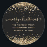 Pegatina Redonda Purpurina de oro Merry Christmas Name Address Blac<br><div class="desc">Purpurina de oro Merry Christmas Name Return Address Black. Personaliza fácilmente el texto.</div>