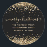 Pegatina Redonda Purpurina de oro Merry Christmas Name Address Blac<br><div class="desc">Purpurina de oro Merry Christmas Name Return Address Black. Personaliza fácilmente el texto.</div>