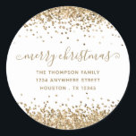 Pegatina Redonda Purpurina de oro Merry Christmas Name Return Addre<br><div class="desc">Dirección de devolución de nombre navideño del Purpurina de oro. Personaliza fácilmente el texto.</div>