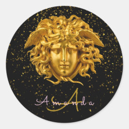 Pegatina Redonda Purpurina de oro negro Medusa Script Haute Couture
