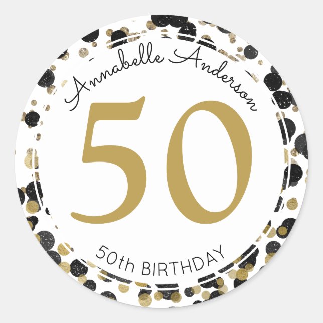 Pegatina Redonda Purpurina de oro negro Sparkle Confetti Dots Cumpl (Anverso)