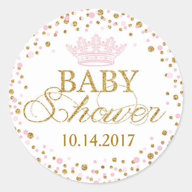 Pegatina Redonda Purpurina de oro Princesa Real Rosa Baby Shower (Anverso)