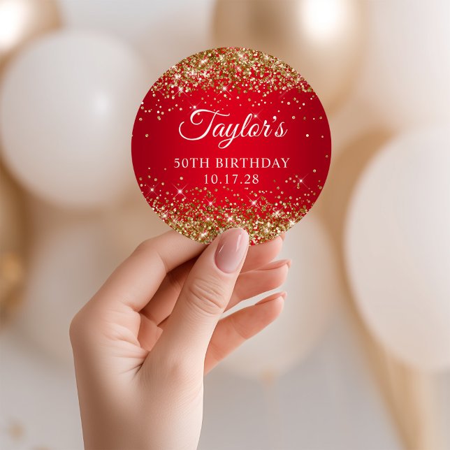 Pegatina Redonda Purpurina de oro Red 50 cumpleaños (Gold Glitter Red 50th Birthday Classic Round Sticker)