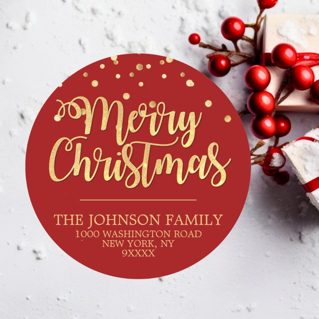 Pegatina Redonda PURPURINA de oro rojo Confetti Merry Christmas Add (RED Gold Glitter Confetti Merry Christmas Address Classic Round Sticker)