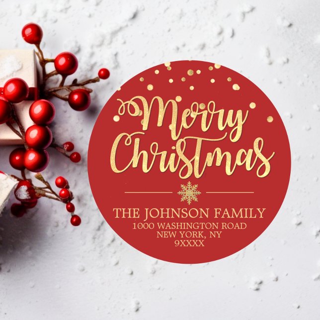 Pegatina Redonda PURPURINA de oro rojo Confetti Merry Christmas Add (RED Gold Glitter Confetti Merry Christmas Address Classic Round Sticker)