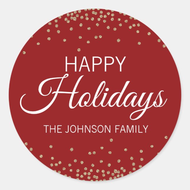 Pegatina Redonda Purpurina de oro rojo profundo Confetti Felices VA (Anverso)